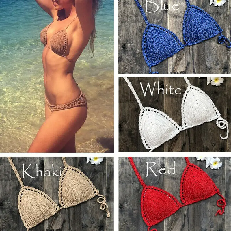 

New Style Women Swimming Bra Crochet Bralette Knit Bra Boho Beach Woven Bikini Halter Swimming Top Solid Bandage Fashion Hot New