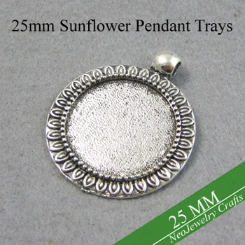

25mm Antique Silver Round Pendant Tray, Sunflower Edged Pendant Setting, Bezel Pendant Blank For Glass or Stones
