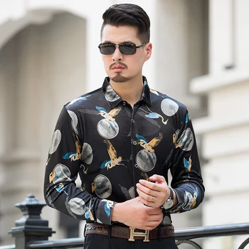 

Mens gold velvet clothing new design 2017 autumn & winter fashion printing shirt long sleeve gold velvet dress shirts