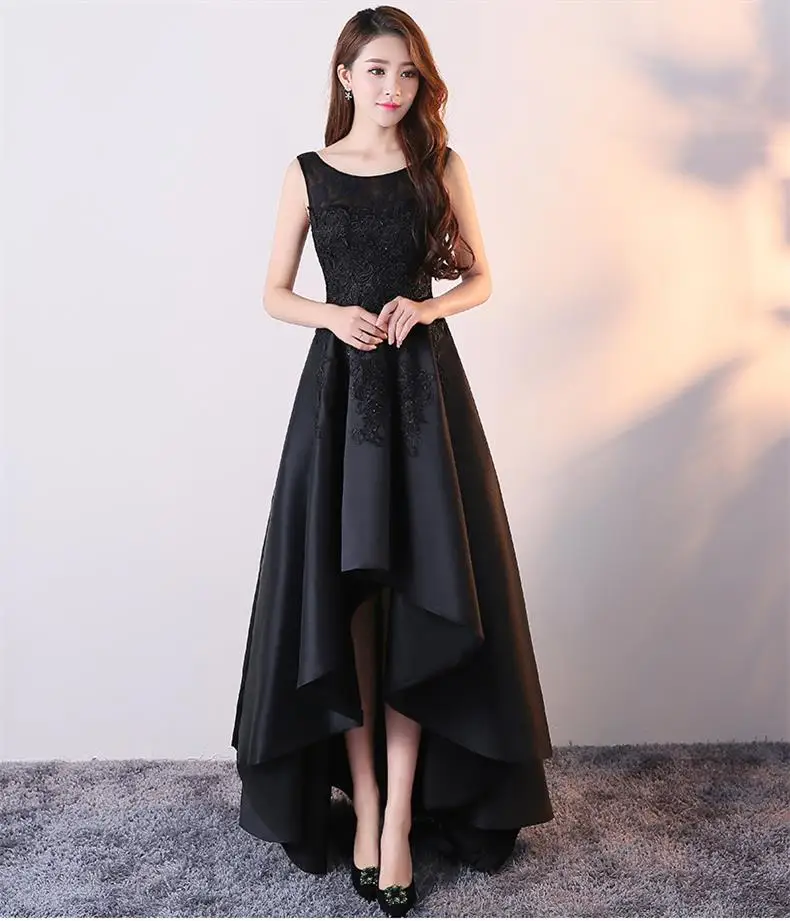 CEEWHY, асимметричное вечернее платье конфетного цвета, короткое спереди и длинное сзади, кружевное атласное платье, элегантное официальное вечернее платье, вечерние платья - Цвет: black