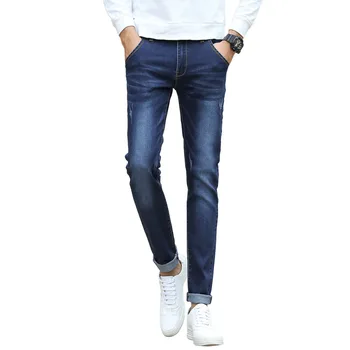 

Mens Classic Fashion Casual Jeans Slim Straight High Elasticity Feet Jeans Male Scratched Long Denim Trousers AA11466