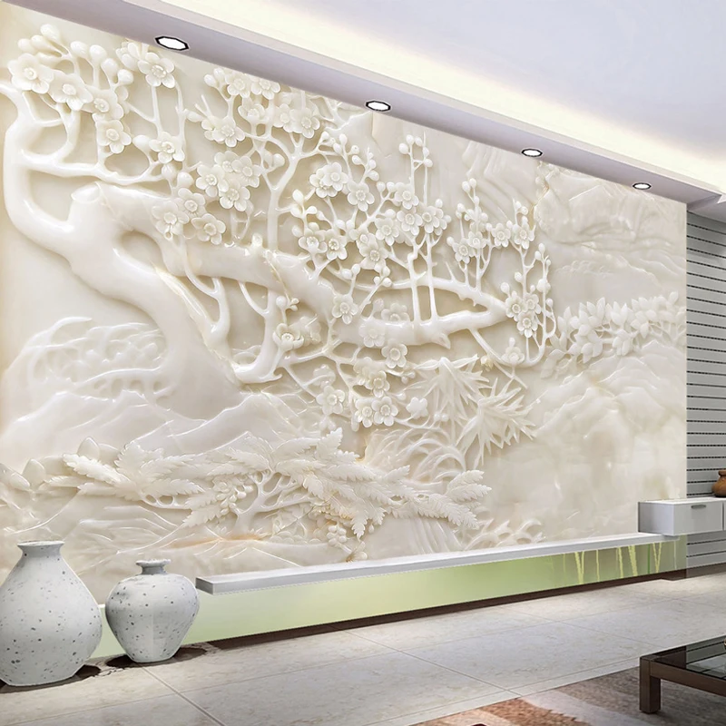 

Custom 3D Photo Wallpaper Murals Imitation White Jade Carving Plum Interior Decoration Wall Mural Wallpaper For Living Room Sofa