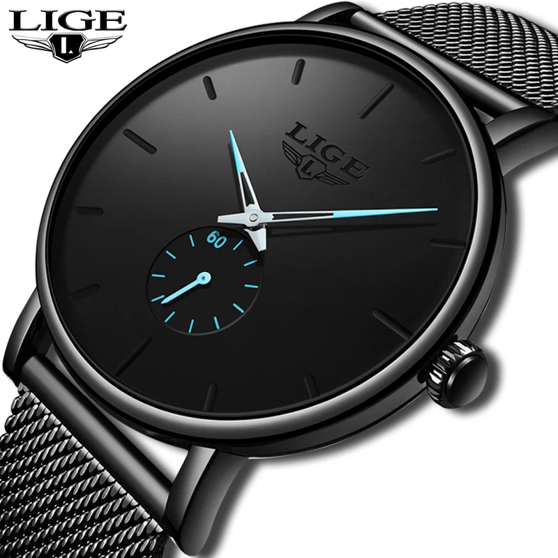 

LIGE Fashion Mens Watches Top Brand Luxury Quartz Watch Men Casual Slim Mesh Steel Waterproof Sport Watch Relogio Masculino+Box