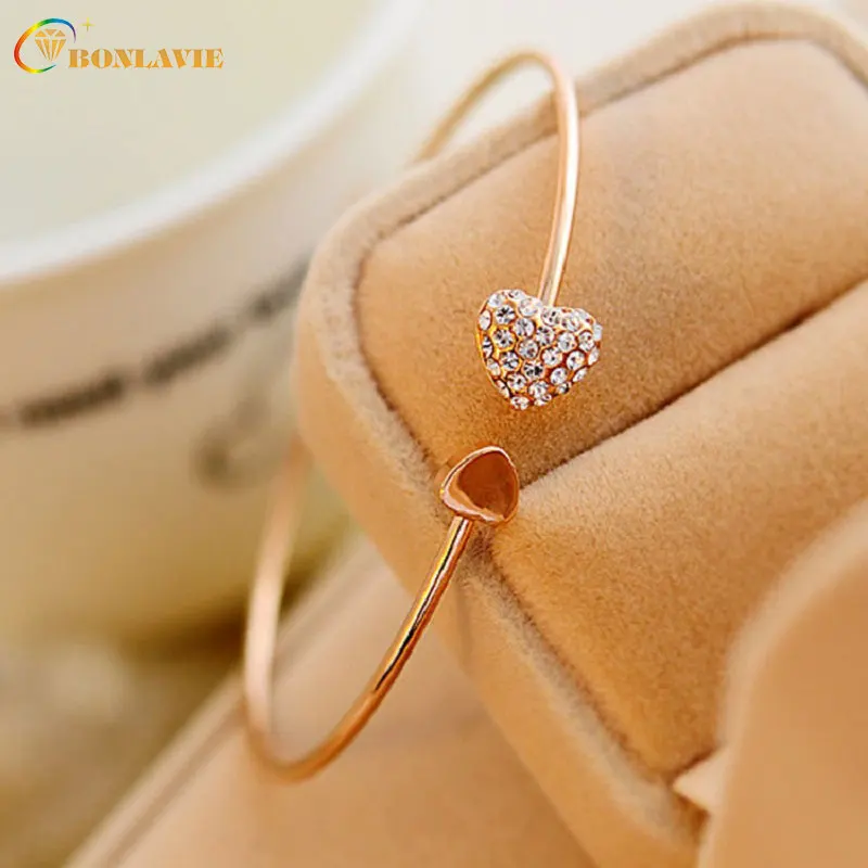 

New Simple Fashion Jewelry Crystal Double Heart Bow Bilezik Cuff Opening Bracelet Women Jewelry Gift Mujer Pulseras