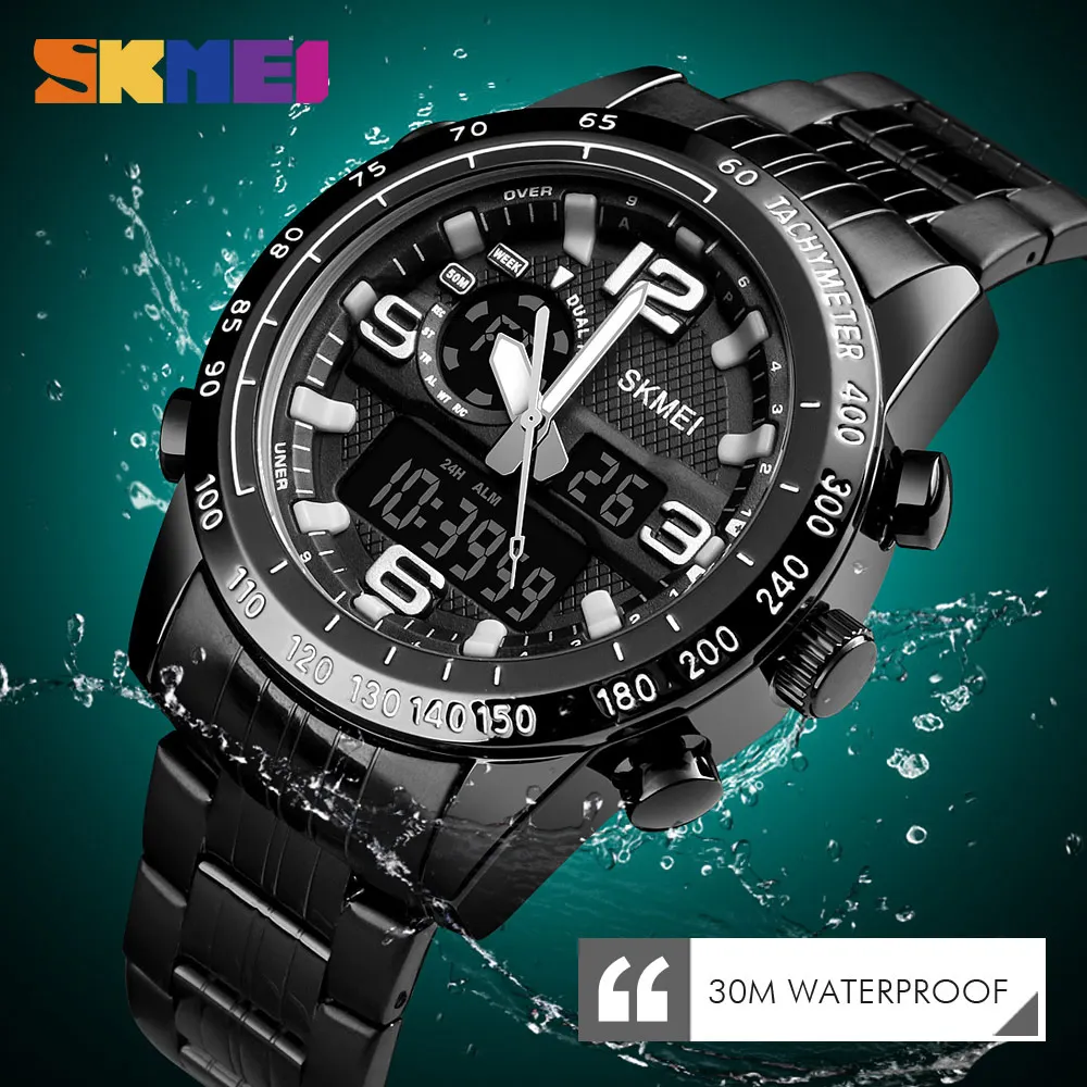 SKMEI Luxury Brand Watch Men Military Quartz Watches Steel Strap Waterproof Dual Display WristWatch