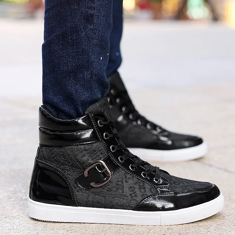 

High Top Men Casual Shoes 2016 Autumn New Belt Buckle Flat Male Canvas Shoes Lacing Zapatillas De Deporte De Los Hombres
