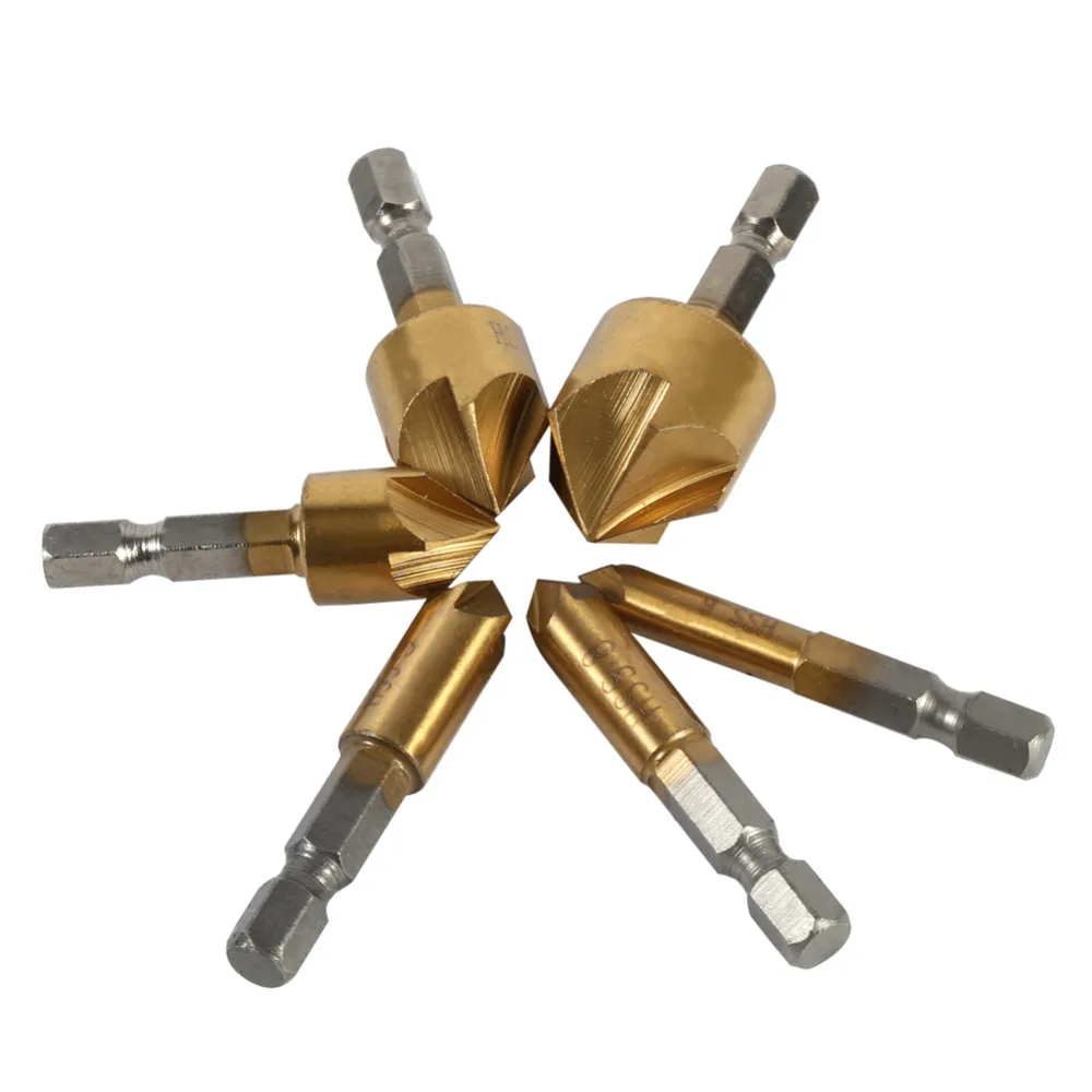 

6PCS 5 Flute Chamfer Countersink 1/4" Hex Shank HSS 90 Degree Wood Chamfering Cutter Chamfer 6mm-19mm Countersink Drill Bit