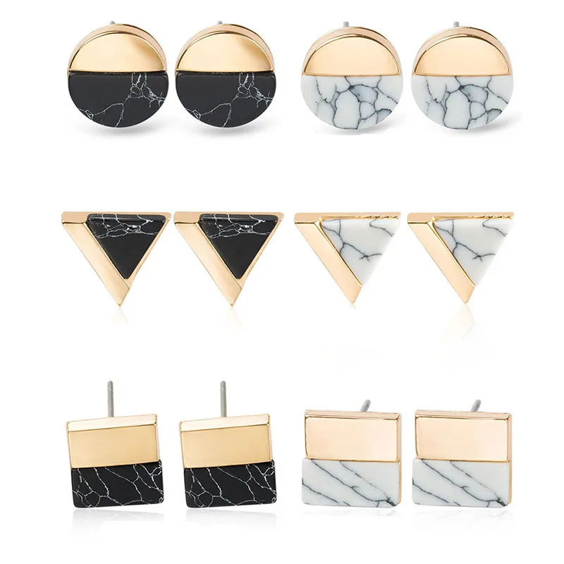 

Fashion Square Triangle Round Geometric Marbled White Black Natural Stone Gold Metal Stud Earrings Women Christmas Brincos Gift