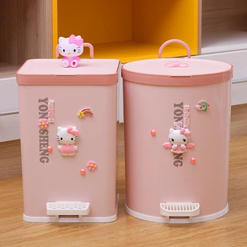 

7L/9L Cartoon Cute Hello Kitty Trash Can Foot Pedal Home Living Room Bedroom Kitchen Garbage Bin with Lid Plastic Bucket Pink