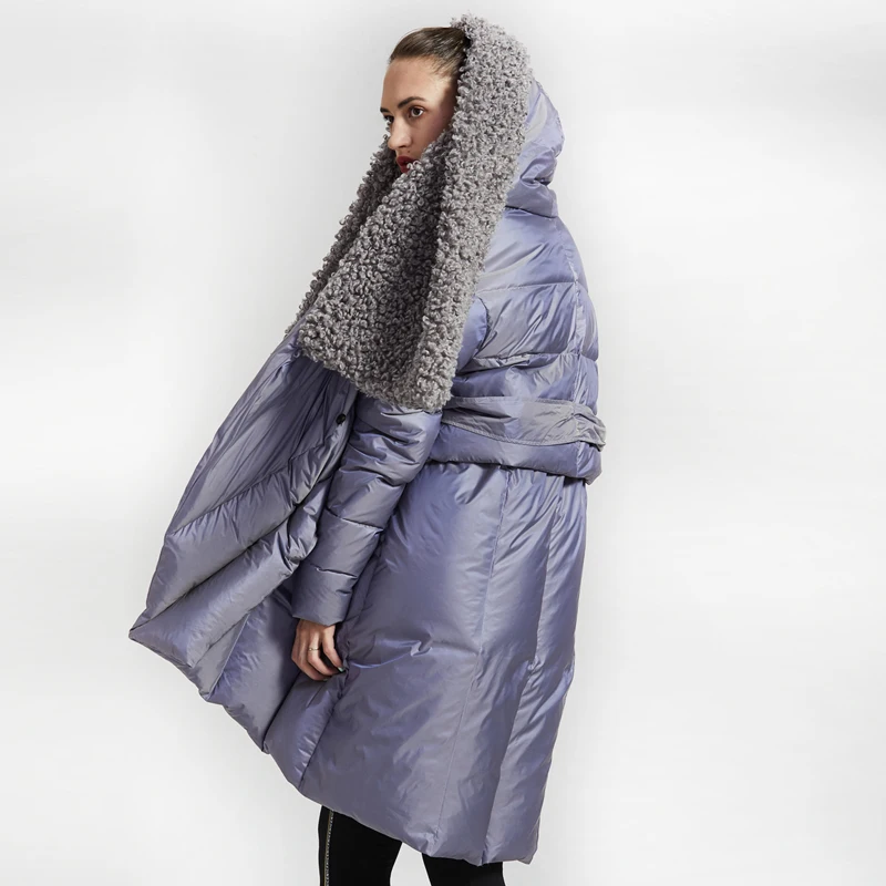 Brand Original Design 2018 Winter Women's Down Jacket Chic Cloak Duck Down Coat Woman Lamb Fur Collar Warm Female Jacket AO734