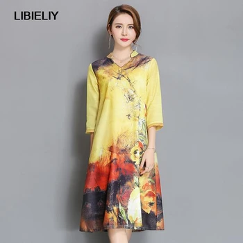 

High Quality Nice Summer Printing Half Sleeves Middle Aged Mother Fashion Dress Retro Female Spring Plus Size Women Dress LU225