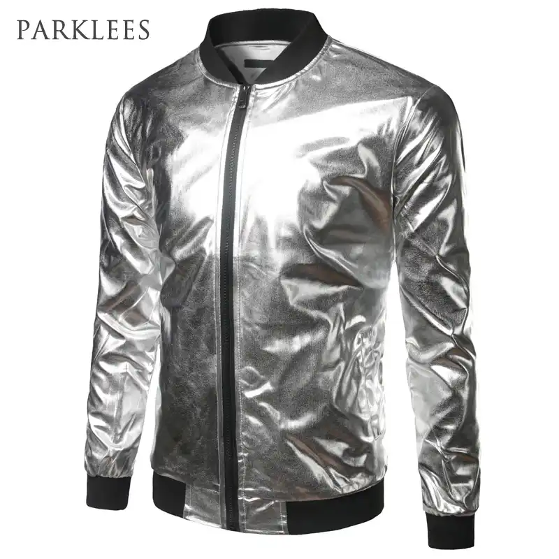 Shiny Silver Metallic Jacket Men Stage Show Hooded Mens