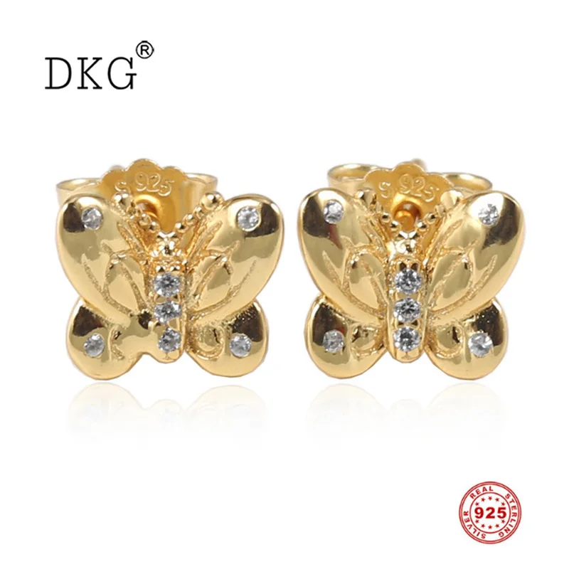 

Spring New 925 Sterling Silver Gold Butterfly Stud Earrings with Clean Crystal Fit for Original Women DKG Earrings DIY Jewelry