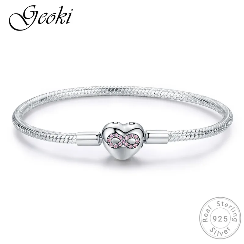 

Geoki 925 Sterling Silver Forever Love Pink CZ Infinite Heart Bangle for Jewelry Making Women Heart-shaped Beads Bracelet DIY