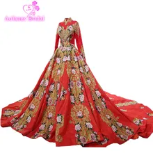 AOLANES 2018 Red Satin Appliques High Neck Bridal Gowns Cathedral Train Lace Up Ball Gown Wedding Dresses Vestido De Noiva Real