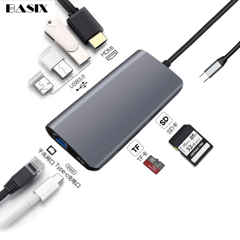 Basix USB-C концентратор типа C к USB 3,0 Thunderbolt 3 HDMI VGA 3,5 мм аудио RJ45 адаптер для MacBook Pro samsung Galaxy S9 USB C концентратор - Цвет: 8 in 1 HUB