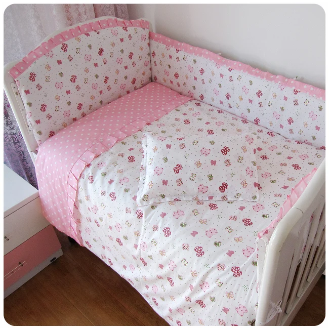 Promotion! 6 7pcs Pink baby bedding set 100 cotton crib baby cot sets