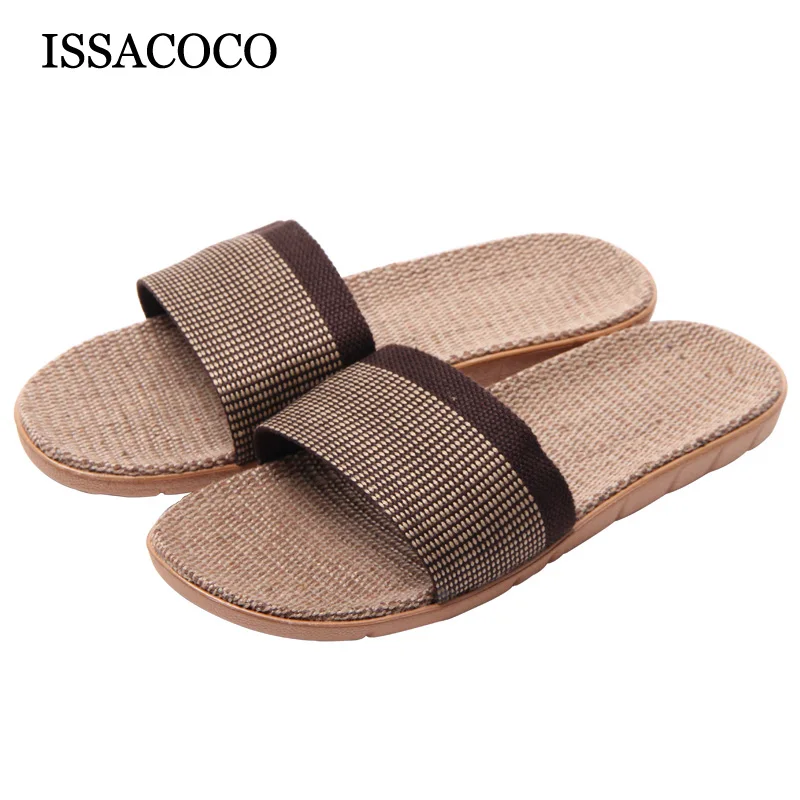 ISSACOCO Men's Summer Non slip Striped Canvas Linen Slippers Men's Indoor Bathroom Flax Slippers
