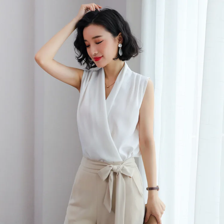 Корейская элегантность, женские блузки, лето, необычная шелковая рубашка, винтажная, без рукавов, Дамская, бохо, топ размера плюс, женская одежда - Цвет: white