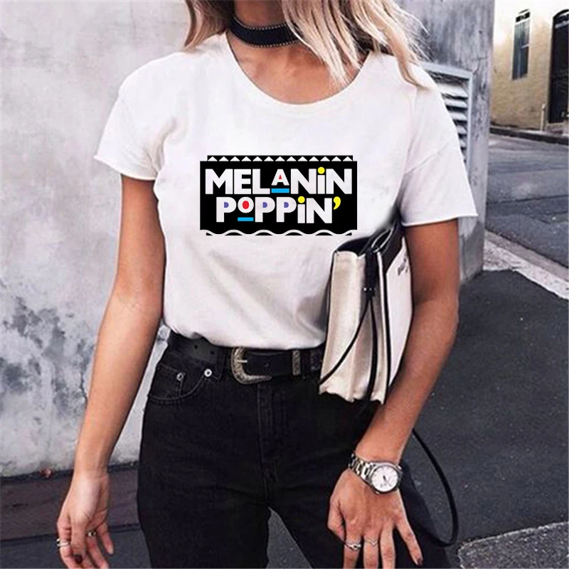 

Melanin Poppin Woman T Shirt Summer Tops White Female Tee Shirt Black Girl Magic Shirts Women Tshirt hip hop Fashion Streewear