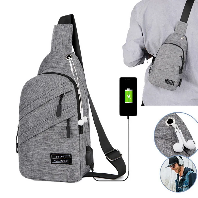 USB Charging Shoulder Bag for men Anti-theft chest bag casual waterproof diagonal bag Korean version of the headset hole bags