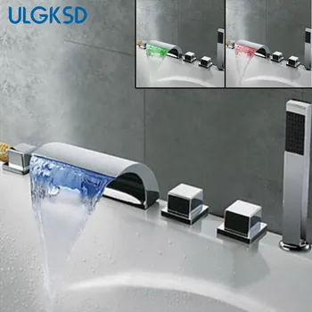 Ulgksd 5 Pcsอ่างอาบน้ำก๊อกน้ำLED Waterfall Spout Taps Chromeทองเหลืองห้องน้ำก๊อกน้ำHandshower 1