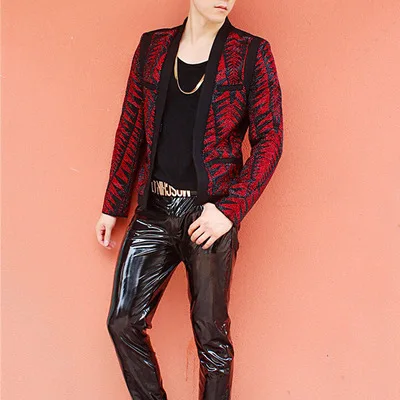 

100%real mens luxury red and black rhinestone slim jacket/fashion model tuxedo jacket/ASIA SIZE