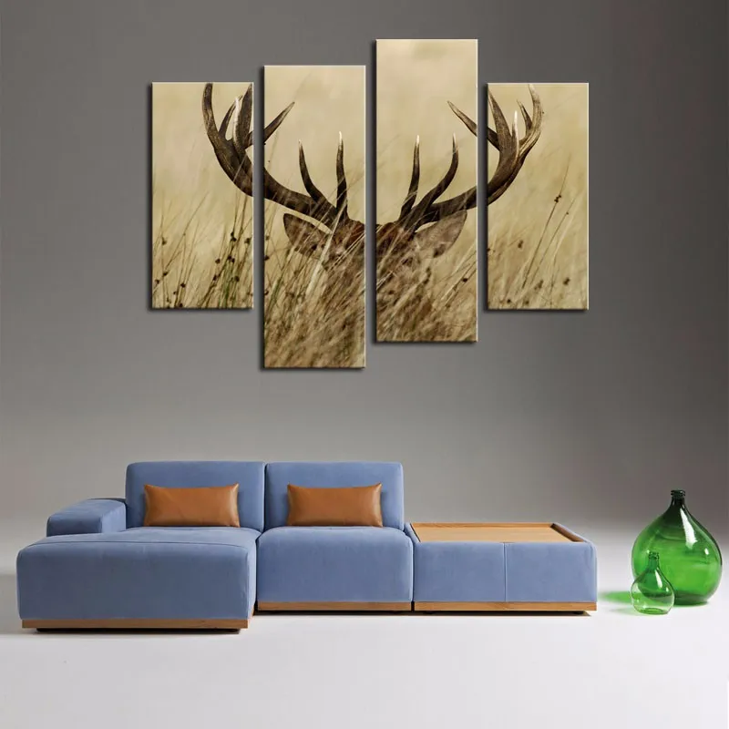 4 Панель Wall Art олень с длинным рога в картины рисунком трав Печать на холсте