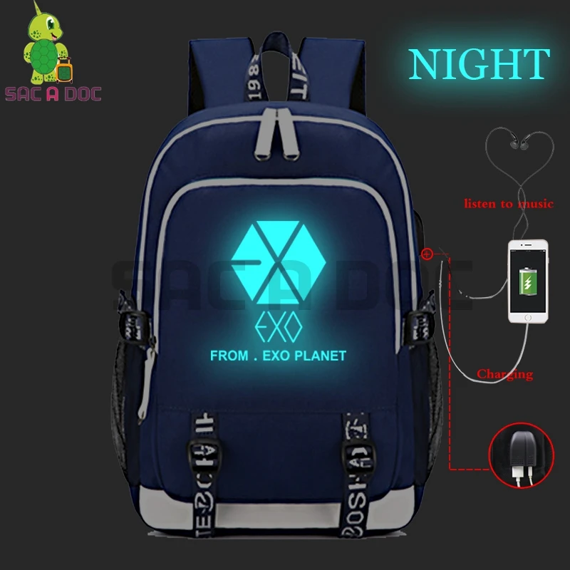 

Kpop EXO Baekhyun Luminous School Bags for Teenage Girls Boys Multifunction USB Charging Headphone Jack Laptop Travel Backpack
