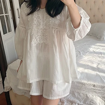 

RenYvtil Princess Double layer Pajamas Set Female Summer Cotton Short Sleeve Loose Sleepwear Top and Pant 2 Pieces Dropshipping