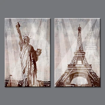 

2 piece vintage Eiffel Tower and statue of liberty home decor canvas art printing on the wall pictures for living room YH29-1868