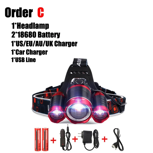 Yunmai USB Мощный светодиодный головной светильник, налобный фонарь, люмен, xml t6+ 2Q5, налобный фонарь, фонарь на 18650 батарейках, охотничий, рыболовный светильник - Испускаемый цвет: Order C