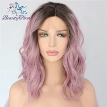 BeautyTown черный Ombre Розовый Короткие термостойкие волосы аниме косплей блогер Повседневный макияж Синтетический кружевной передний Свадебный парик
