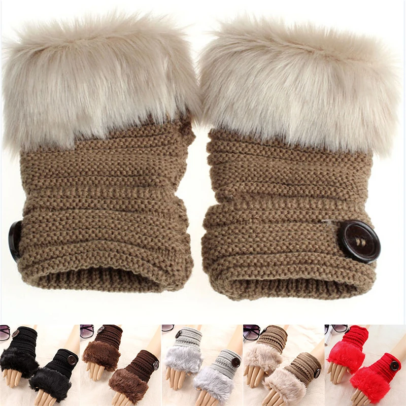 1 Pair Women Fashion Winter Knitted Faux Fur Fingerless Gloves Wrist Soft Warm Mitten Knitted Fingerless Gloves