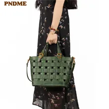 PNDME Роскошная натуральная кожа ручной работы тканая женская сумка ретро верхний слой воловья кожа диагональный крест хозяйственная сумка женские сумки