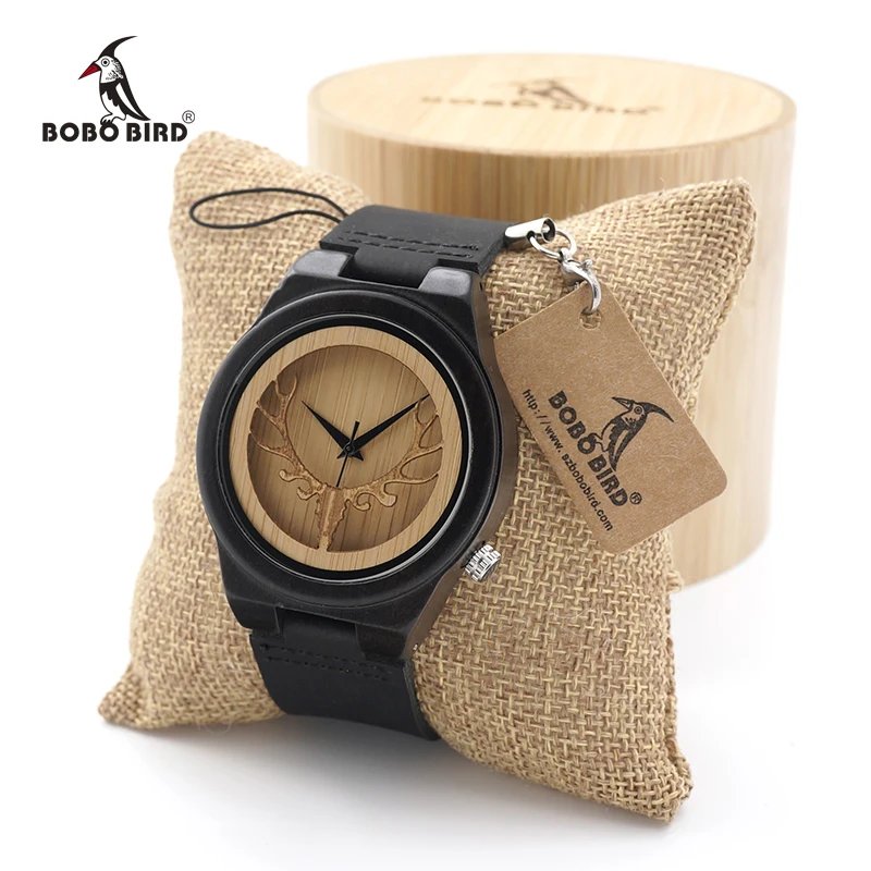 BOBO BIRD Men watches Deer Head Ebony Wooden Quartz WristWatch Mens Timepiece with Leather Band in Gift box erkek kol saati