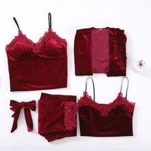 Халат наборы золото бархат четыре шт женский элегантный кружевной халат платье пижамы без рукавов Ночная Одежда Домашняя одежда осень