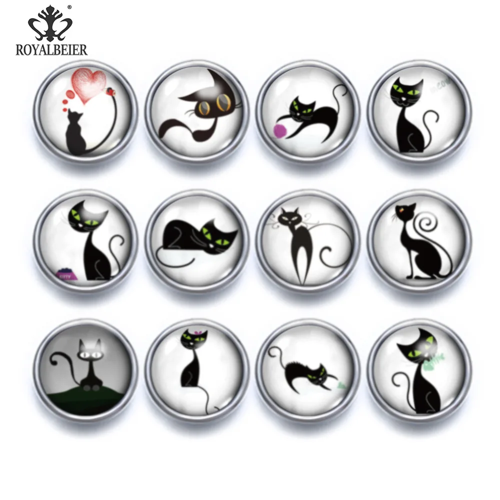 

RoyalBeier 12pcs/lot 12mm Glass Snap Button Mix Colors Black Cat Patterns european beads glass For Women Snap Jewelry KZ1068