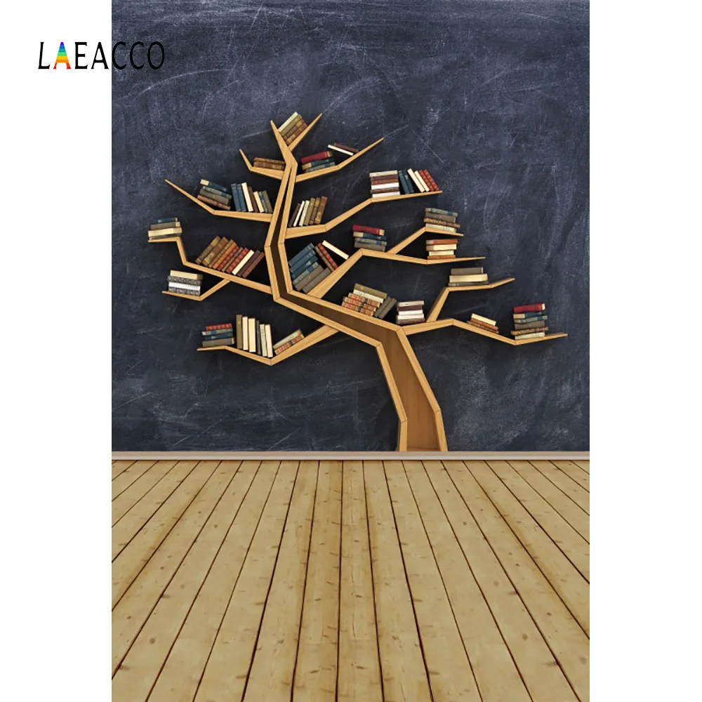 Laeacco Tree Shape Book Shelf Blackboard Wooden Floor Photography Backgrounds Customized Photographic Backdrops For Photo Studio