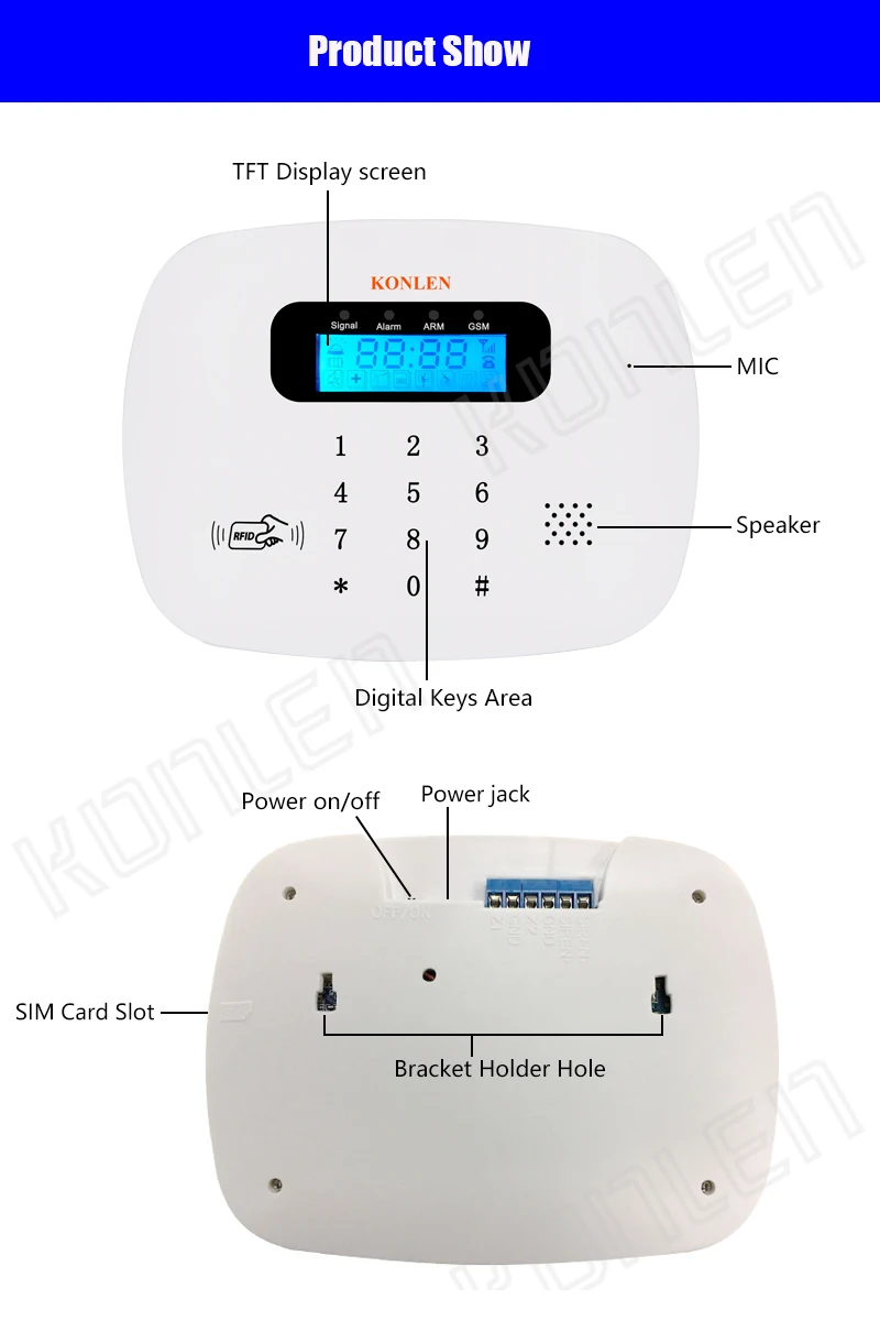 KONLEN Voice RFID Gsm домашняя охранная SMS сигнализация Беспроводная Проводная охранная панель Русский Испанский приложение дистанционное управление