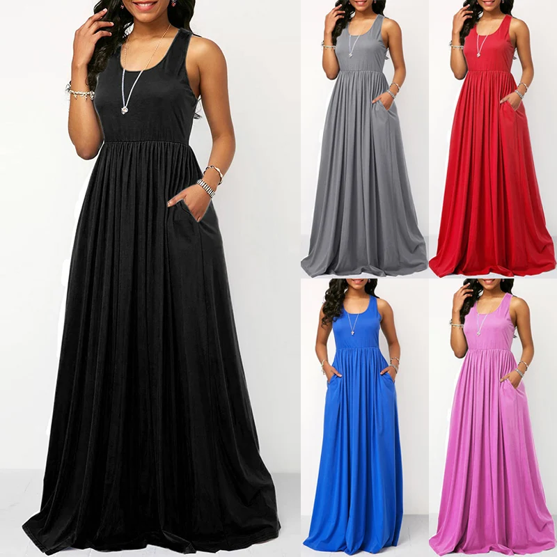 Popular New Womens Sleeveless Solid Crew Neck Pockets Maxi Vest Dress Ladies Summer Casual Holiday Beach Sundress Four Color