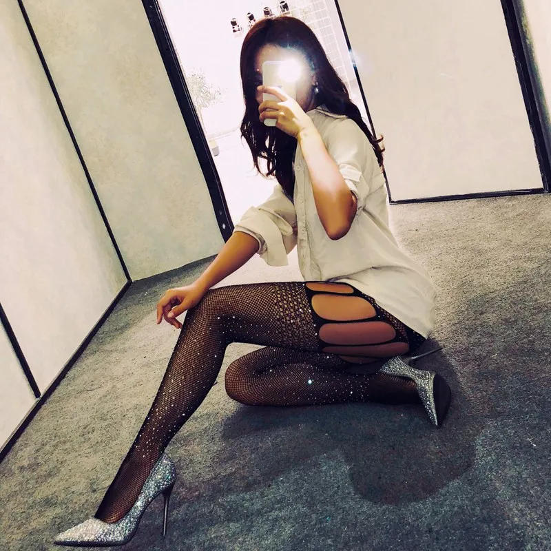 

Fashion Women Diamonds Shinny Fishnet Top Mesh High Tights Pantyhose Long