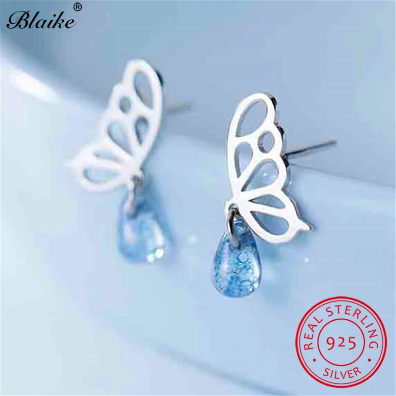 

Blaike Cute Butterfly Stud Earrings 925 Sterling Silver Clear Blue Crystal Teardrop Earrings For Women Wedding Fine Jewelry Gift
