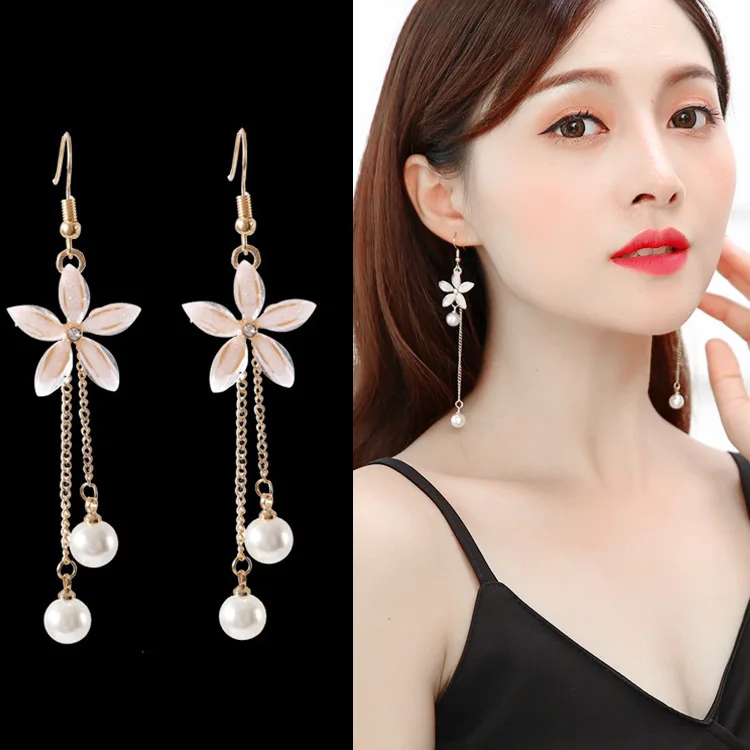 

Vogue of new fund of 2019 atmospheric hook flower long pearl tassel earrings web celebrity stars with women earrings