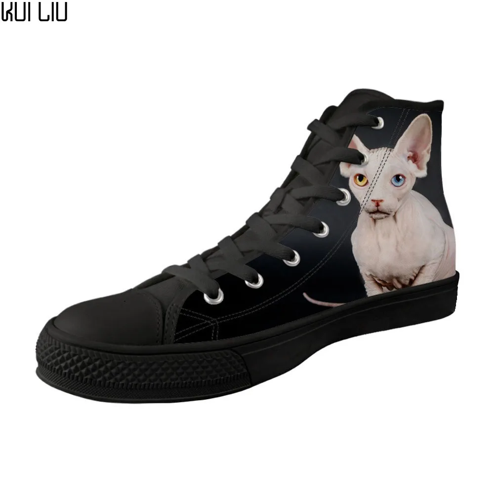 

2019 Spring Women Black Breathable Lace-up Sneakers Female High top Canvas Vulcanizeda Flats Shoes Canadian Hairless Sphinx cat