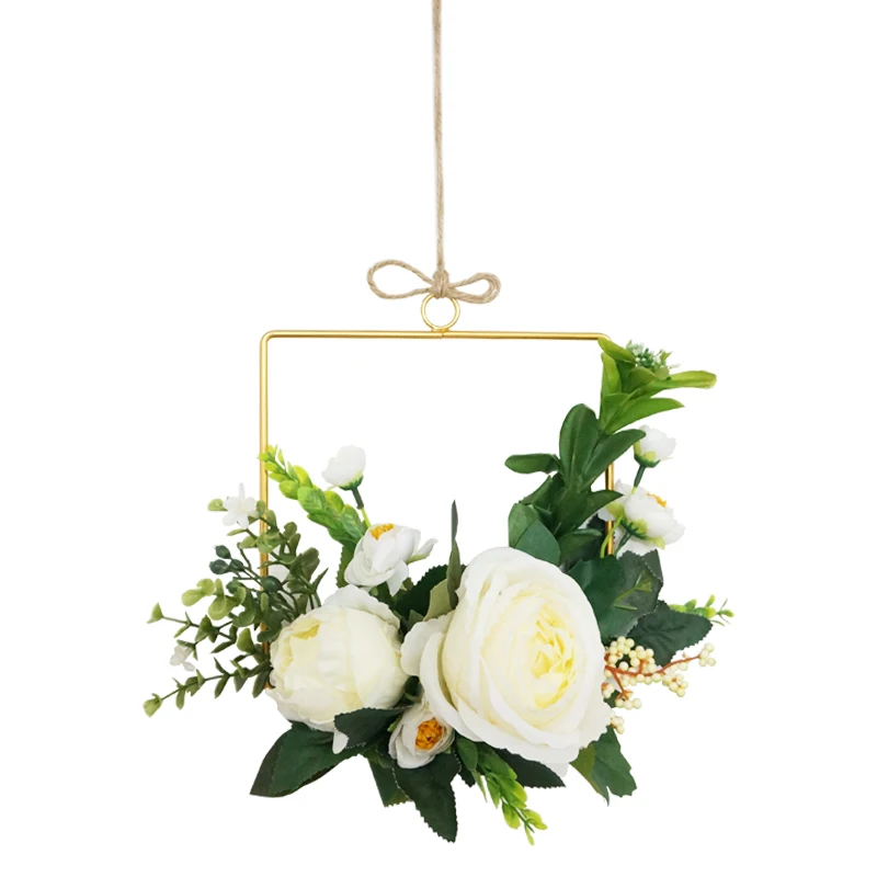 

Artificial Silk White Rose with Plant Iron Wreath Flowers Garlands Wall Door Home Farmhouse Decor Wedding Decoration