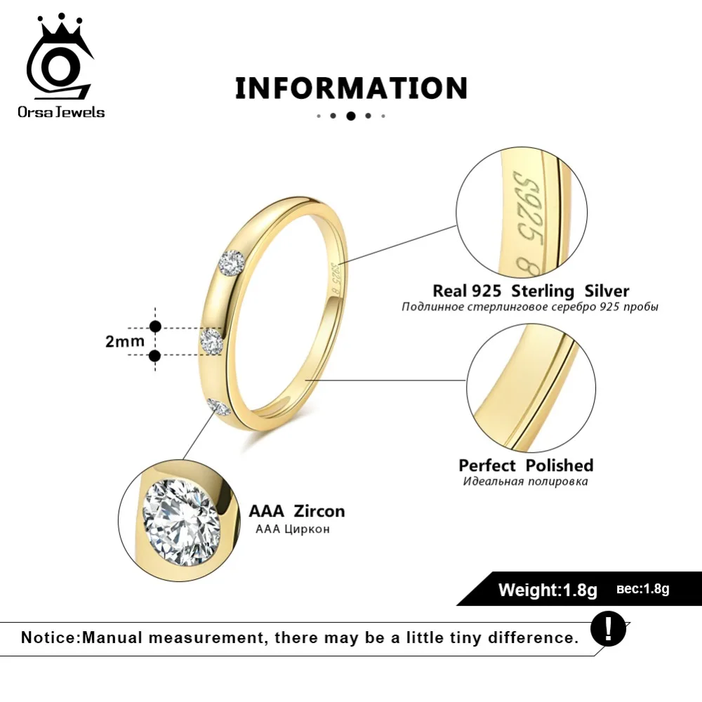 ORSA JEWELS 925 Sterling Silver Women Rings Classic Wedding Band AAA Zircon Gold-color Fashion Engagement Ring Jewelry SR67-G