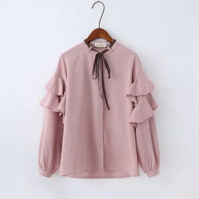 

Plus Size Women Elegant Stirped White Pink Green Blouse 2018 Spring Ruffles Shirt Women Tops Round Neck Flare Long Sleeve Blusas