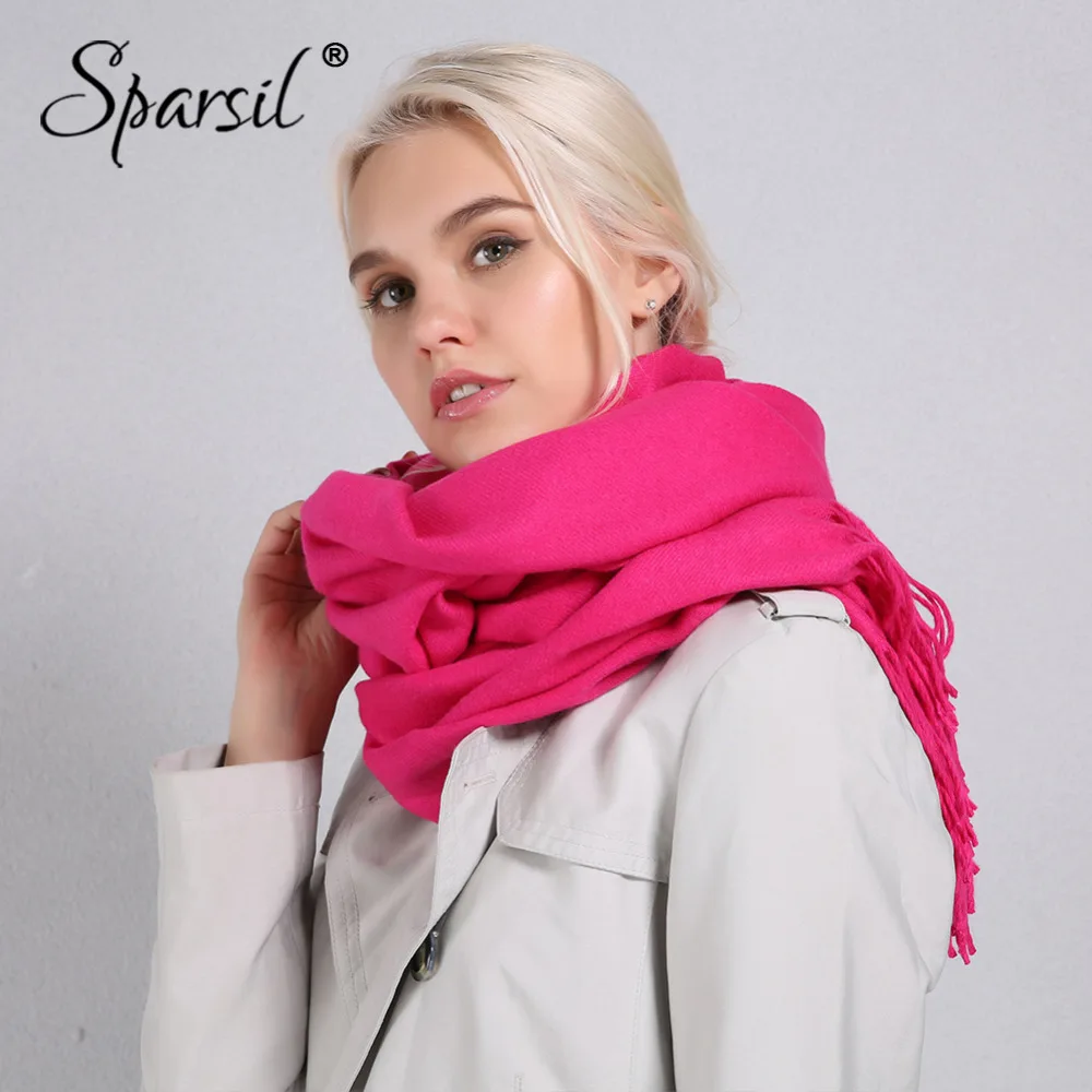 Sparsil, женский зимний Одноцветный шарф с кисточками, кашемировый теплый Пашмина, мягкий, большой размер, 205*70 см, шали, Женские базовые шарфы, хиджаб, шарфы