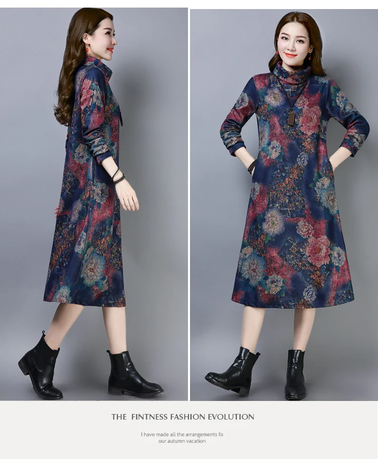 3601 Elegant Plus Size Long Dress 4xl for Women Vintage Turtleneck Thick Wool Floral Print Mon Winter Dresses Women 2018 Ladies 14